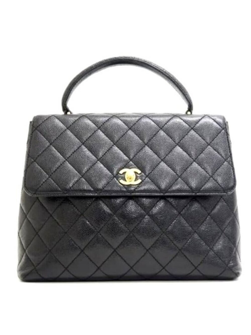 Chanel 24K CC Caviar Vintage Kelly Quilted Flap Bag Black Purse Handbag